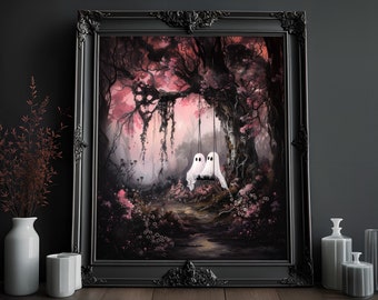 May include: A framed painting of a dark forest scene with two white ghosts on a swing. The forest is filled with pink flowers and a misty atmosphere.