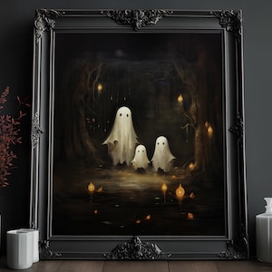 Cute Ghost Family Wall Art | Vintage Oil Painting | Cottagecore Artwork | Dark Academia Print | Halloween Wall Art | Victorian Gothic Art
