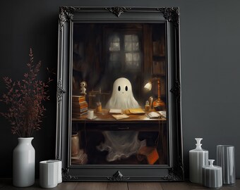 Stampa artistica di fantasmi della biblioteca: decorazione gotica in stile cottagecore per Halloween (download digitale)