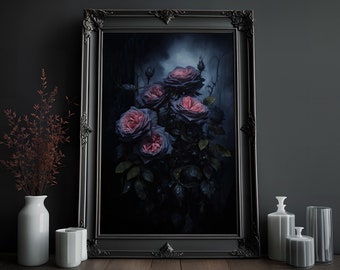 Black Rose Painting | Victorian Gothic | Creepy Goth Wall Art | Vintage Oil Painting | Occult Art Print | Dark Home Decor | Horror Painting