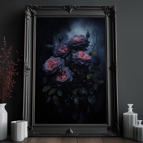 Black Rose Painting | Victorian Gothic | Creepy Goth Wall Art | Vintage Oil Painting | Occult Art Print | Dark Home Decor | Horror Painting