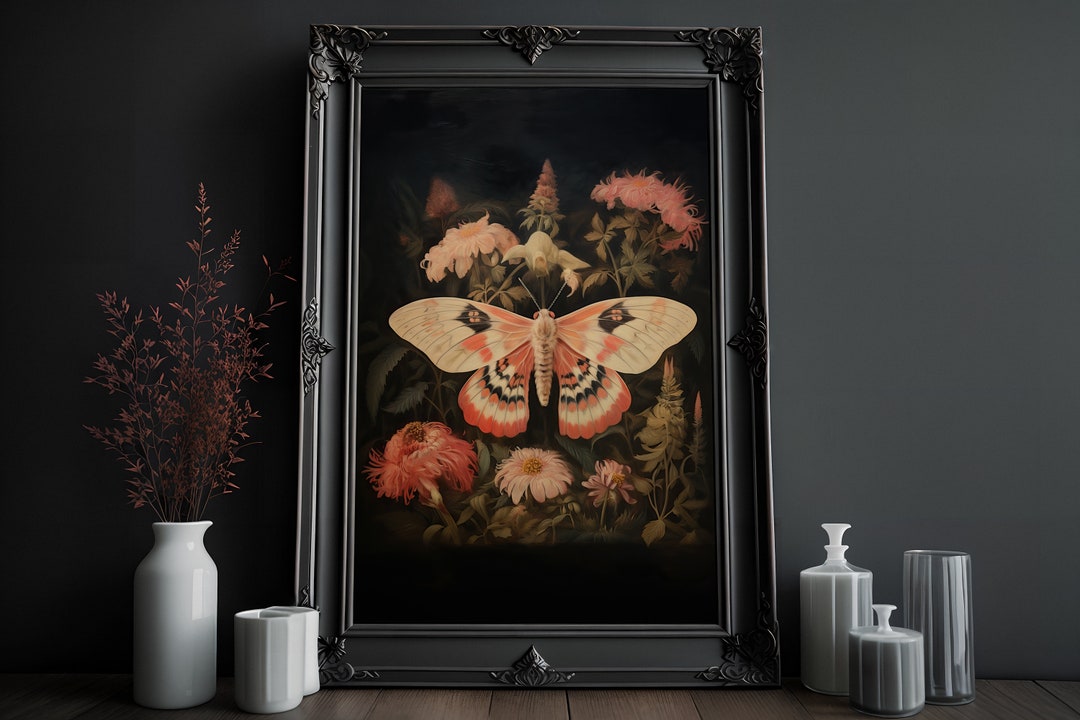 Moth and Flowers Art Print: Vintage Gothic Cottagecore (digital ...