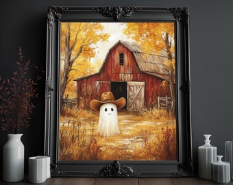 Cowboy Ghost Art Print: Spooky Western Barn, Halloween Decor (Digital Download)
