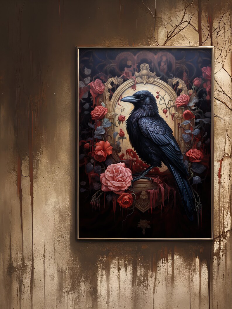 May include: A black raven perched on a ornate gold frame with red roses and dripping blood. The raven is looking to the left. The background is dark.