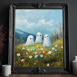 Puede incluir: Tres fantasmas blancos se paran en un campo de hierba verde y flores blancas. Los fantasmas están rodeados de huevos de Pascua coloridos.