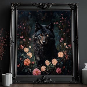 Black Wolf Print, Vintage Oil Painting, Cottagecore Artwork, Forest Animal Art, Floral Print, Wildlife Dark Academia Print, Supernatural Art