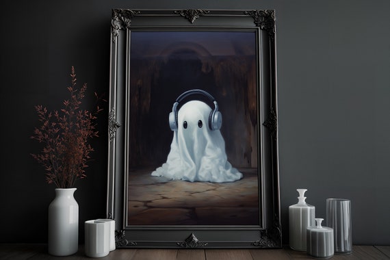 Ghost With Headphones Art Print: Gothic Halloween Decor