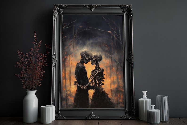 May include: A painting of two skeletons embracing in a fiery landscape. The skeletons are dressed in black and are looking at each other with love. The background is a dark orange and red, with smoke and flames.