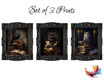 May include: Set of three framed prints featuring a black crow perched on a stack of books, a black cat sitting on a stack of books, and an owl perched on a stack of books with a globe and candles.