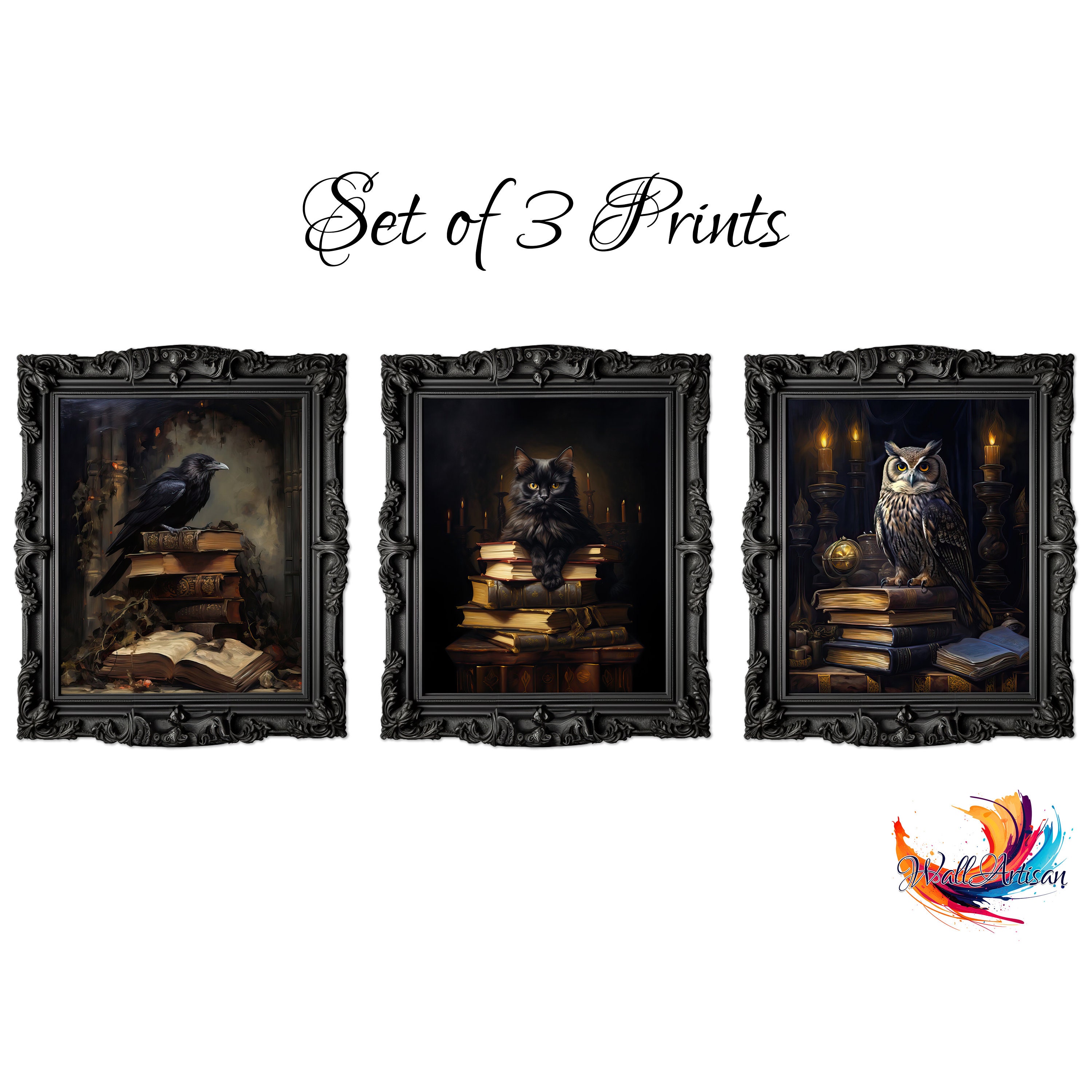 Victorian Animal Prints Set: Owl, Raven, Cat Wall Art (Digital Download)