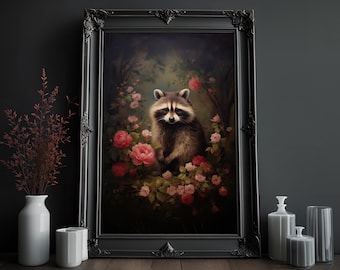 Raccoon & Roses Art Print: Cottagecore Animal Painting (Digital Download)