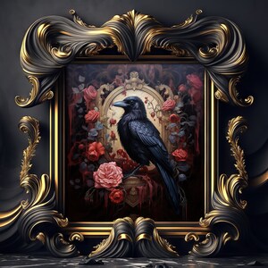 May include: A black raven perched on a branch with red and pink roses in a gold ornate frame.