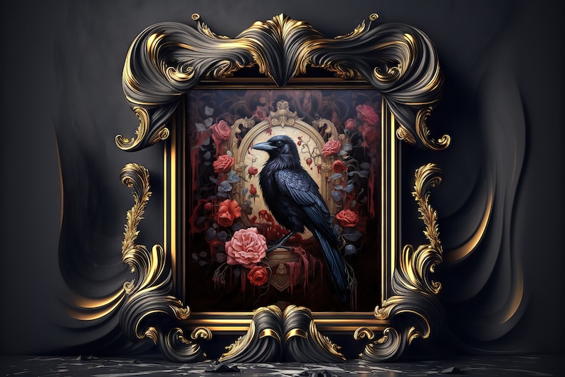May include: A black raven perched on a branch with red and pink roses in a gold ornate frame.