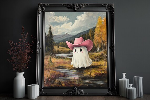 Cowgirl Ghost in Meadow Print, Spooky Western Art: Dark Academia Wall Decor (Digital Download)