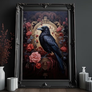 Raven Painting | Crow Print | Victorian Gothic | Victorian Art | Raven Wall Art | Vintage Oil Painting | Occult Art Print | Dark Home Decor
