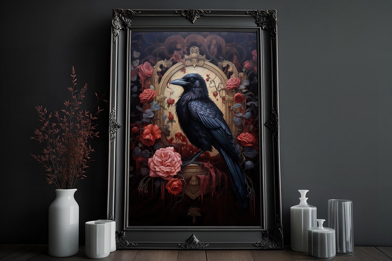 May include: A black crow perched on a golden frame surrounded by red roses and vines. The crow is looking to the left and has a dark, almost black, background.