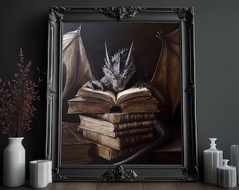Dragon Reading Print: Fantasy Library Decor, Cottagecore Art (Digital Download)
