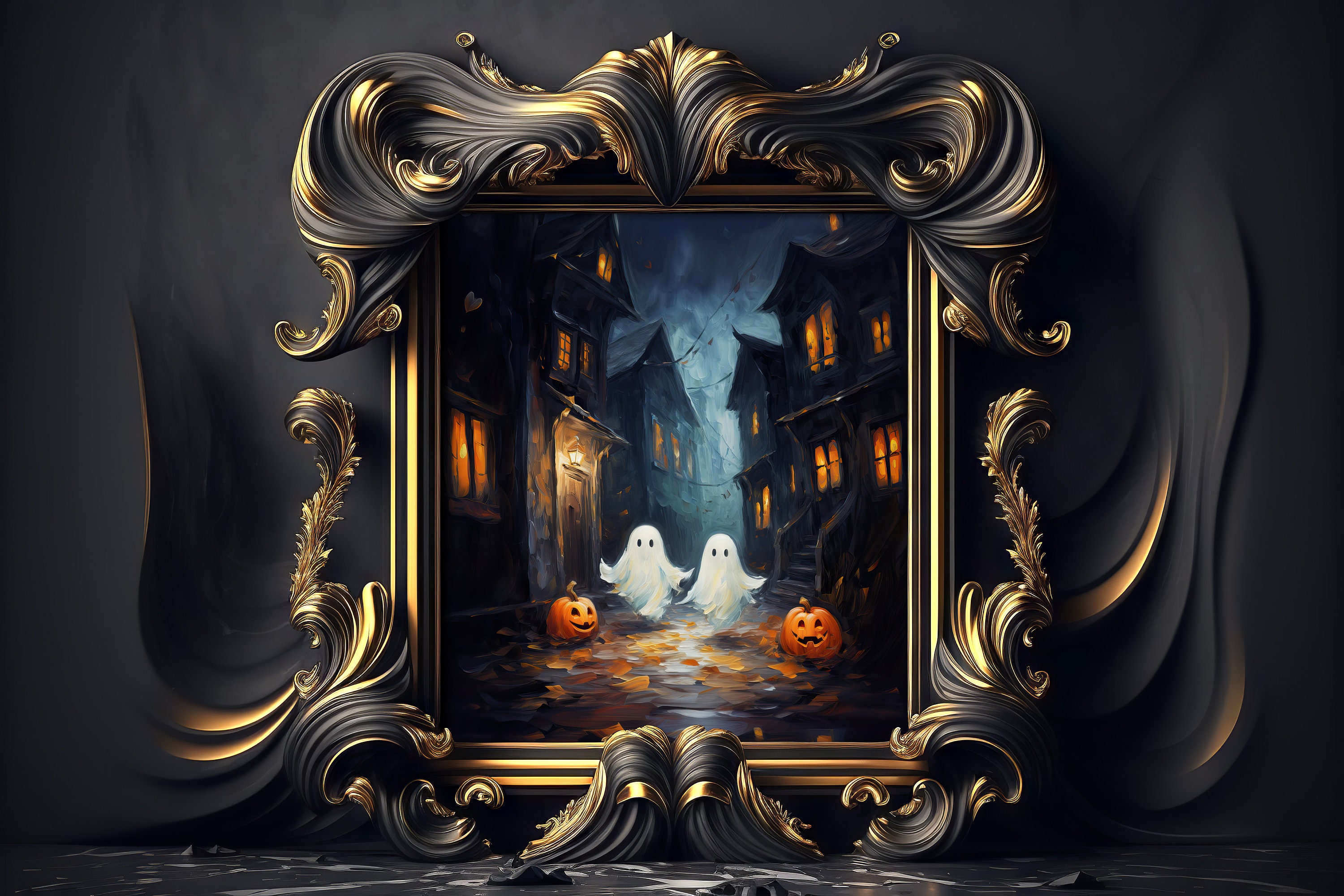 Cute Ghosts Halloween Print Gothic Art Vintage Oil Etsy