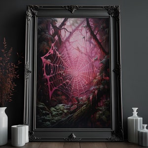 Forest Spiderweb Print | Victorian Gothic | Pink Halloween | Creepy Goth Wall Art | Occult Art Print | Dark Home Decor