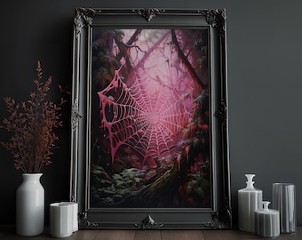 Forest Spiderweb Print | Victorian Gothic | Pink Halloween | Creepy Goth Wall Art | Occult Art Print | Dark Home Decor