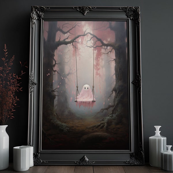 Cute Ghost on Swing Print | Vintage Oil Painting | Cottagecore Artwork | Dark Academia Print | Halloween Wall Art | Victorian Gothic Art