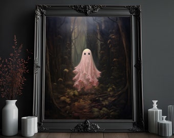 Pink Ghost in Dark Forest-print: Dark Academia Wall Art Decor (digitale download)