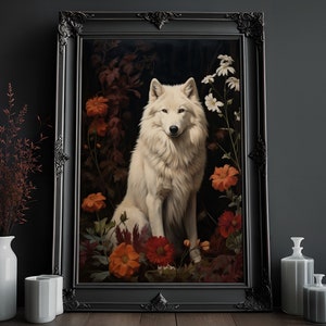Wolf Druck | Weißer Wolf Malerei | Vintage Ölgemälde | Cottagecore Kunstwerk | Waldtier Kunst | Wildlife Dark Academia Print