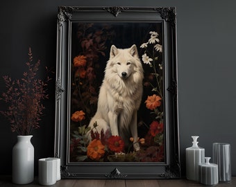 May include: A white wolf sits in a field of orange and white flowers. The wolf is looking directly at the viewer. The background is dark and the flowers are in focus.