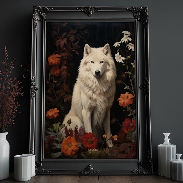 Wolf Print | White Wolf Painting | Vintage Oil Painting | Cottagecore Artwork |  Forest Animal Art |  Wildlife Dark Academia Print