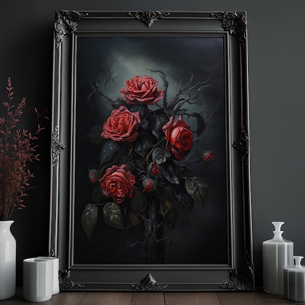 Pintura de rosa roja / Gótico victoriano / Arte de pared gótico espeluznante / Pintura al óleo vintage / Impresión de arte oculto / Decoración del hogar oscuro / Pintura de terror