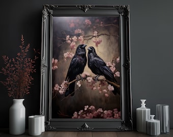 Crows and Cherry Blossoms Art Print: Dark Cottagecore Decor (Digital Download)