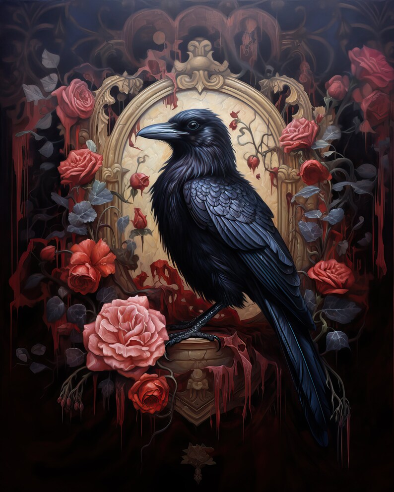 May include: A black raven perched on a ornate, gold-painted frame, surrounded by red roses and dripping blood. The raven is looking to the left, with its wings spread slightly. The background is dark and mysterious.