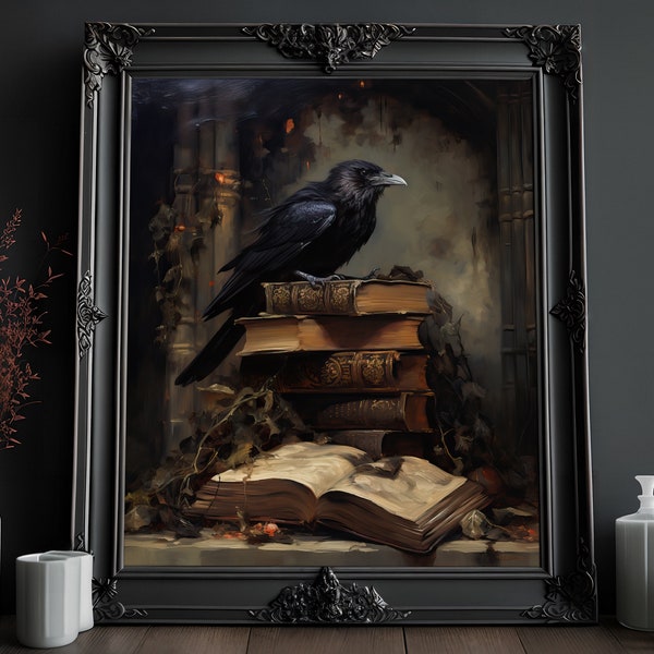 Raven Painting | Crow Print | Victorian Gothic | Victorian Art | Raven Wall Art | Vintage Oil Painting | Occult Art Print | Dark Home Decor