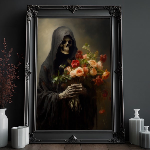 Skelett Blumen Gemälde | Viktorianische Gotik | Horror Kunst | Gruseliges Goth Wandbild | Vintage Ölgemälde | Okkulter Kunstdruck | Dark Home Decor