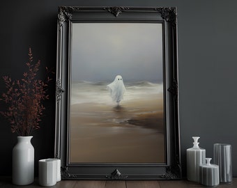 Ghost on Beach Vintage Oil Painting: Halloween Wall Art (Digital Download)