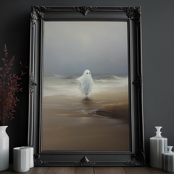 Cute Ghost on Beach | Ghost Print | Vintage Oil Poster | Cottagecore Artwork | Dark Academia Print | Halloween Wall Art | Victorian Goth