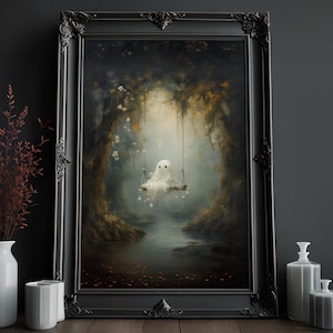 Cute Ghost on Swing Print | Vintage Oil Painting | Cottagecore Artwork | Dark Academia Print | Halloween Wall Art | Victorian Gothic Art