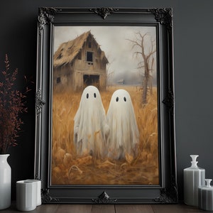 Ghosts Art Print, Halloween Art Print, Halloween Decor, Cute Ghosts in Field, Spooky Vintage Halloween, Printable Wall Art, Digital Download