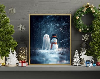Ghost Building a Snowman Print: Holiday Wall Art (Digital Download)