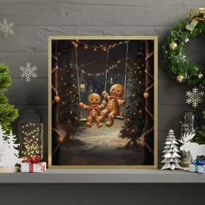 Lebkuchenmann auf Schaukel, Winterdruck, Urlaub Weihnachtsdekor zum Ausdrucken, Weihnachtsgeschenk, Weihnachtsgeschenk
