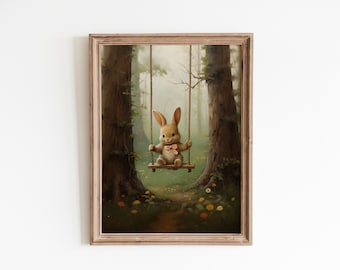 Easter Bunny Swing Print: Vintage Spring Wall Art (Digital Download)