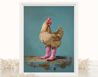 Chicken in Pink Cowboy Boots Art Print: Coastal Cowgirl Decor (Digital Download)