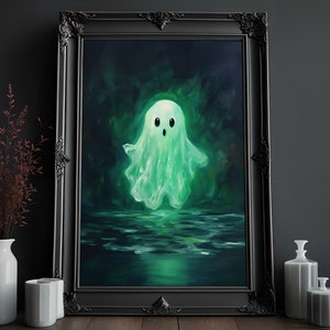 Cute Ghost Print, Halloween Print, Pumpkin Print, Ghost Poster, Cute Horror, Vintage Oil Painting, Occult Art, Dark Home Decor, Little Ghost, Emerald Ghost Print