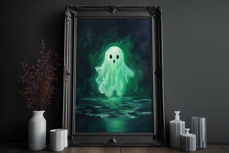 Cute Ghost Print, Halloween Print, Pumpkin Print, Ghost Poster, Cute Horror, Vintage Oil Painting, Occult Art, Dark Home Decor, Little Ghost, Emerald Ghost Print