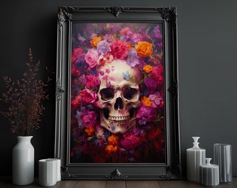 Floral Skull Painting | Victorian Gothic | Floral Art | Goth Wall Art | Vintage Oil Painting | Occult Art Print | Dark Home Decor