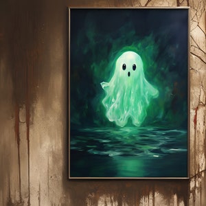 May include: A framed painting of a green ghost with a surprised expression, floating above a dark green body of water.