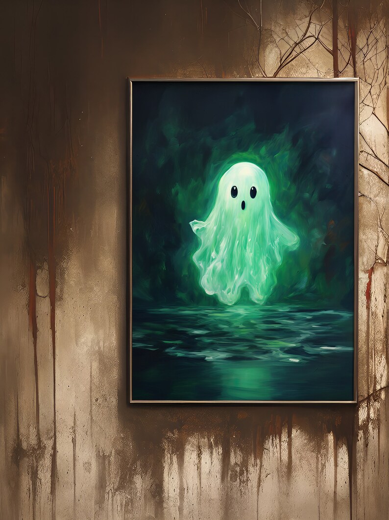 May include: A framed painting of a green ghost with a surprised expression, floating above a dark green body of water.
