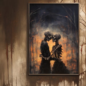 May include: A framed painting depicting two skeletons embracing in a forest fire. The skeletons are silhouetted against the flames, creating a dramatic and haunting scene.