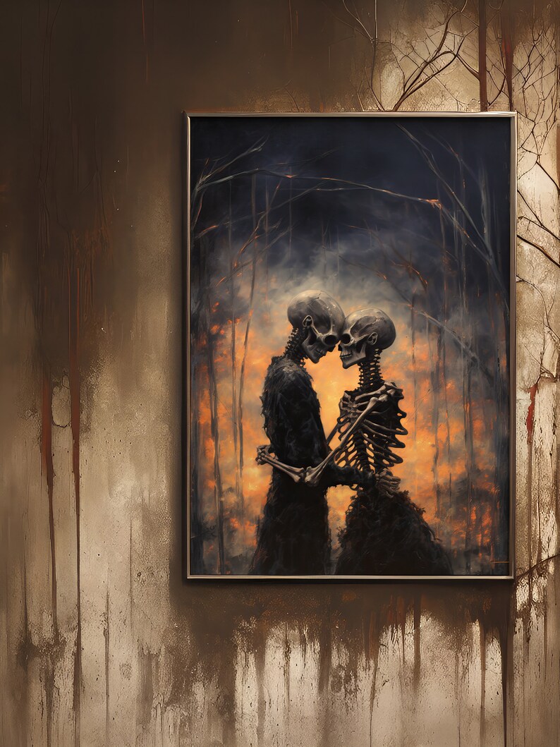 May include: A framed painting depicting two skeletons embracing in a forest fire. The skeletons are silhouetted against the flames, creating a dramatic and haunting scene.
