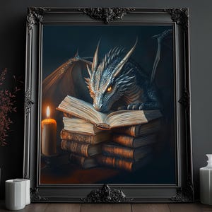 Fantasy Dragon Reading Print: Dark Academia Library Decor (Digital Download)